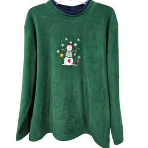 Womens L Christmas Holiday Snowman Pullover Fleece Embroidered Top Winter Snow